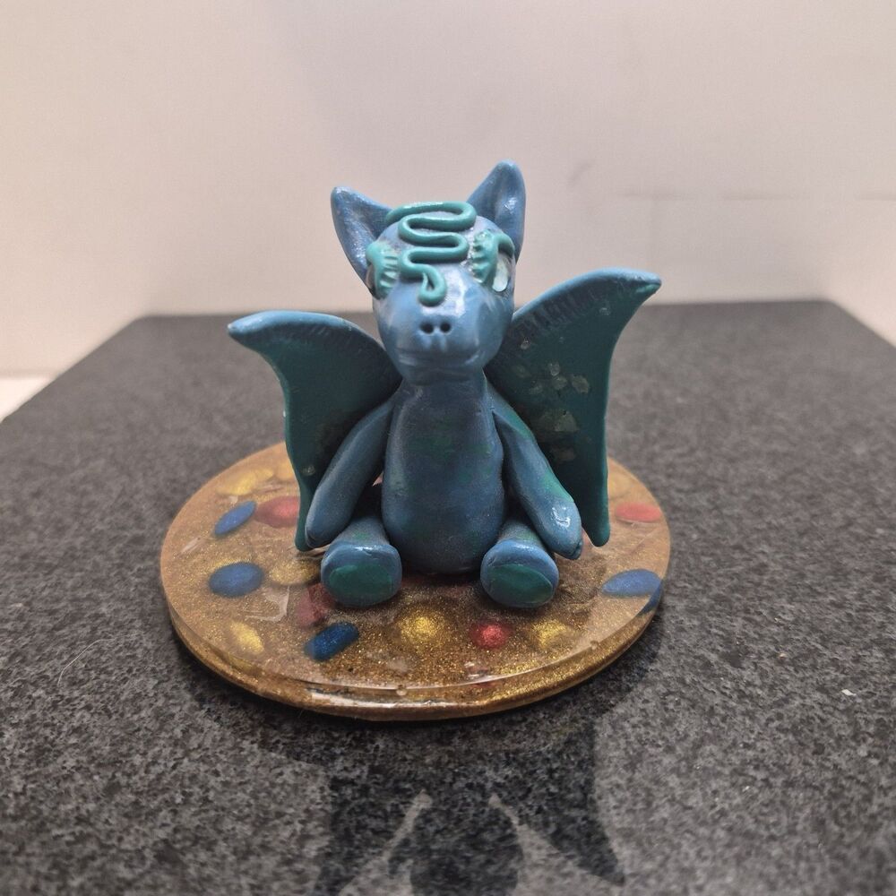 Polymer Clay Baby Dragon Blue On Epoxy Resin Base